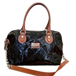Cavalcanti Black Patent Leather Satchel Crossbody Bag Brown Trim Chain Strap